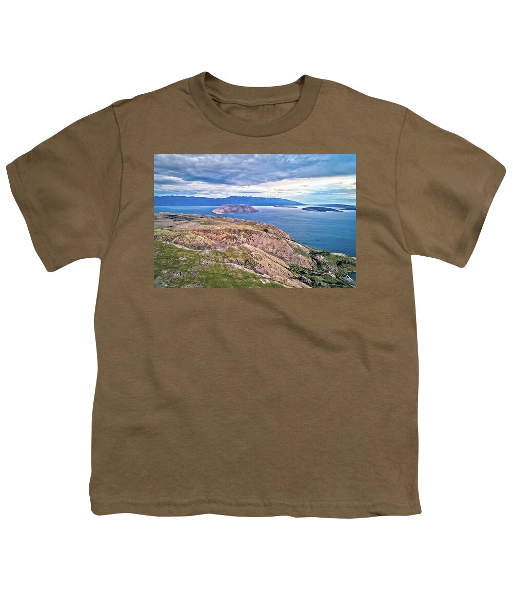 Baska Youth T-Shirt featuring the photograph Island of Krk stone desert and Prvic island aerial view, layers by Brch Photography