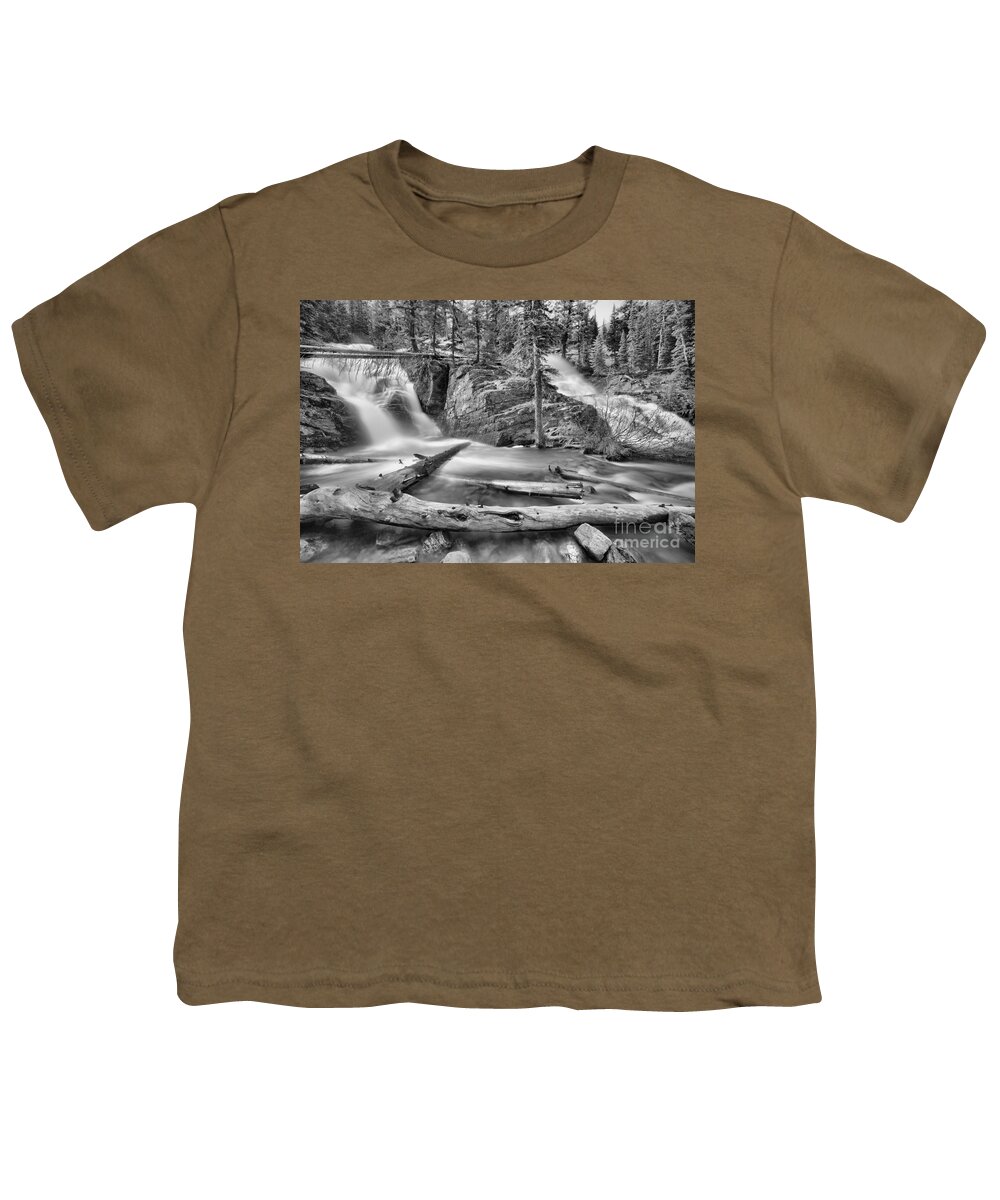 Twin Falls Youth T-Shirt featuring the photograph Logs Below Twin Falls Black And White by Adam Jewell