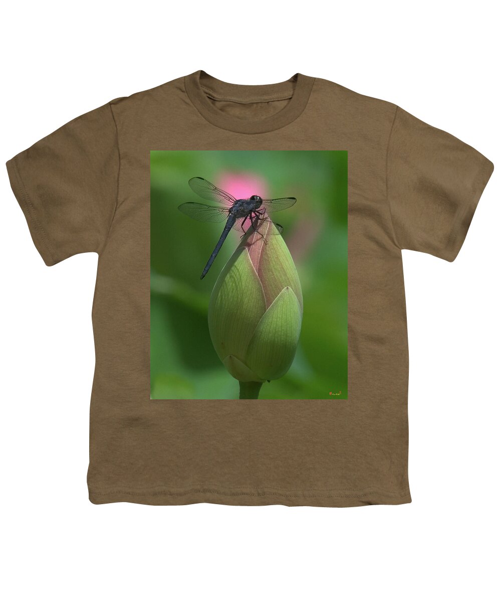 Lotus Youth T-Shirt featuring the photograph Lotus Bud and Slaty Skimmer Dragonfly DL0006 by Gerry Gantt