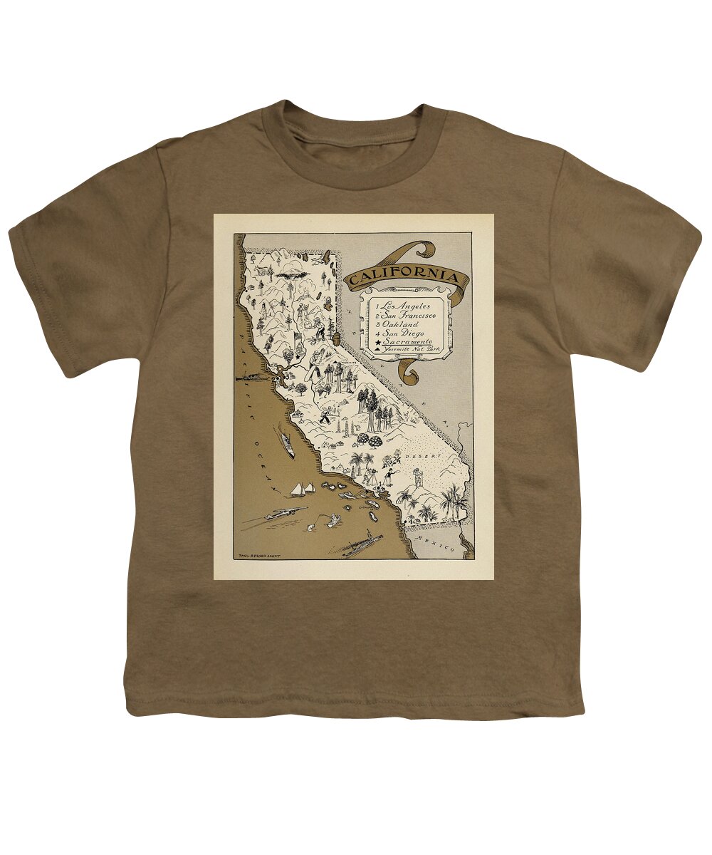 Vintage Map Of California Youth T-Shirt featuring the photograph Map Of California 1930 by Andrew Fare