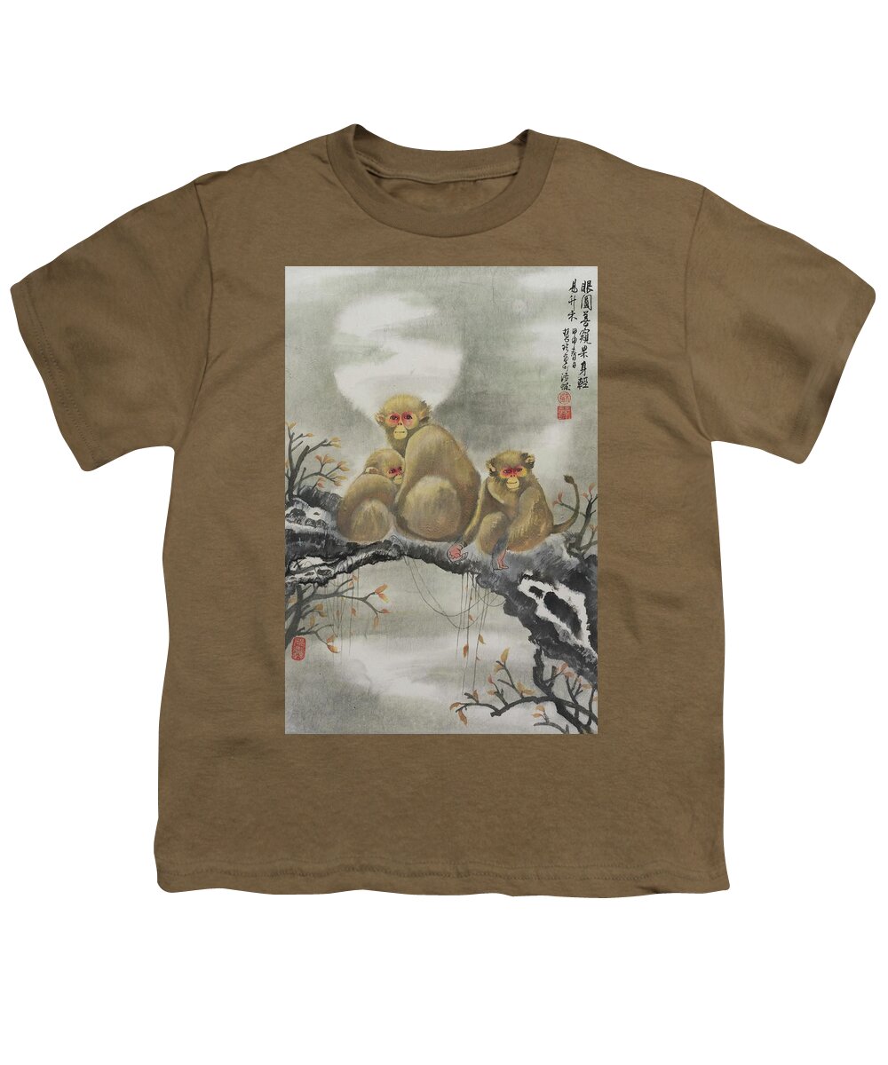 Chinese Watercolor Youth T-Shirt featuring the painting Monkey Family by Jenny Sanders