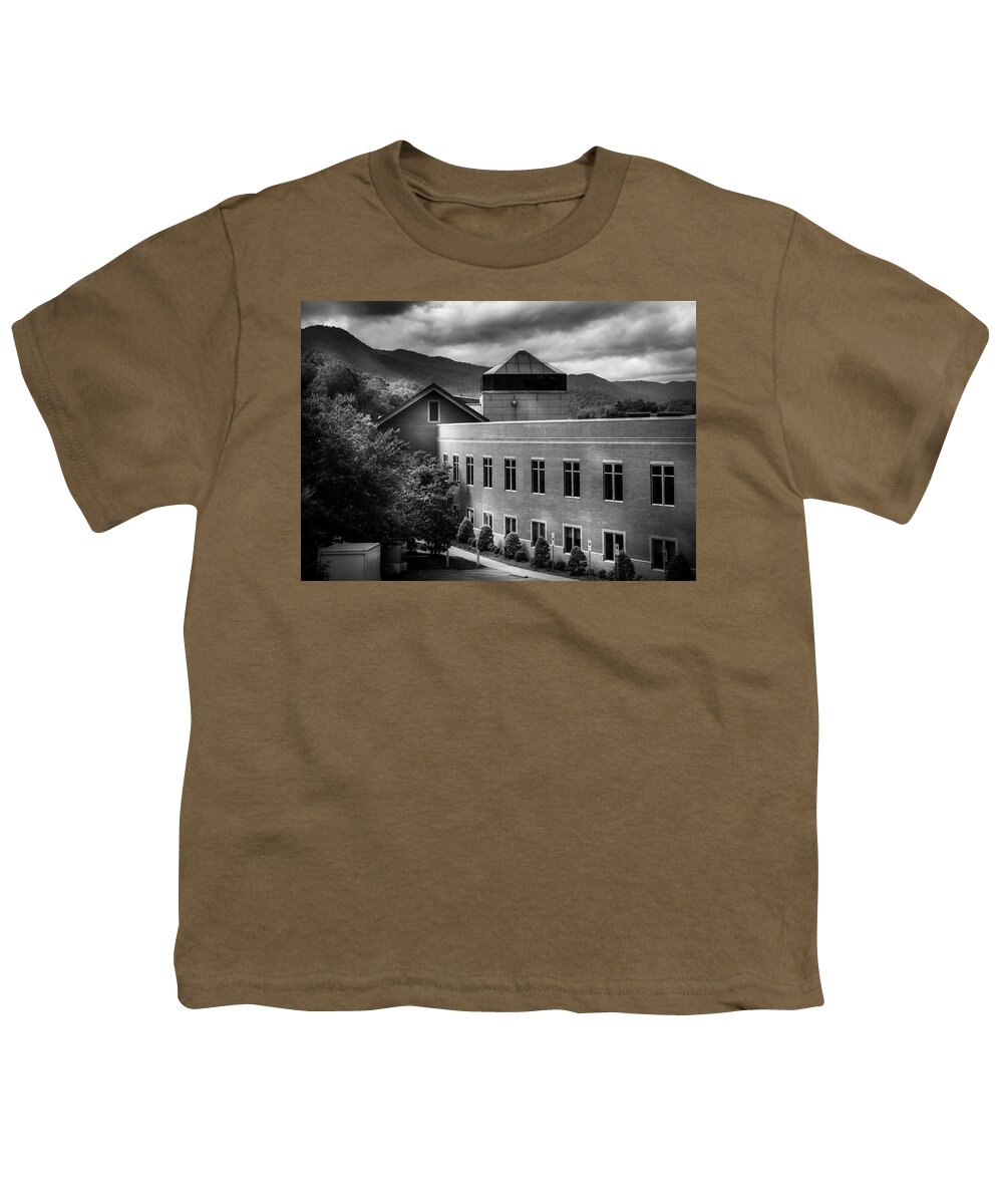 Western North Carolina Mountains Youth T-Shirt featuring the photograph Morning Light At Western Carolina University In Black and White by Greg and Chrystal Mimbs