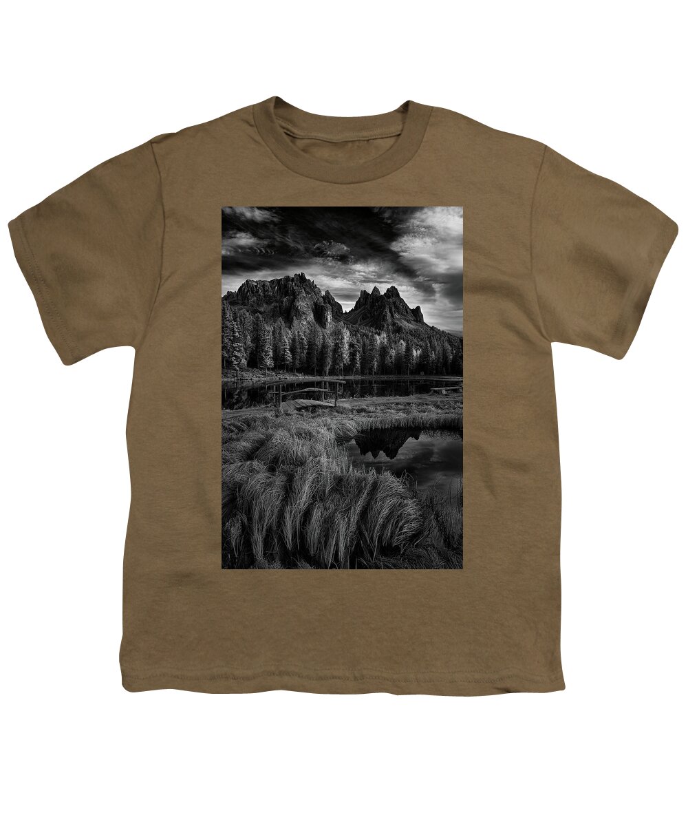 Black And White Youth T-Shirt featuring the photograph Morning Sky in the Dolomites by Jon Glaser