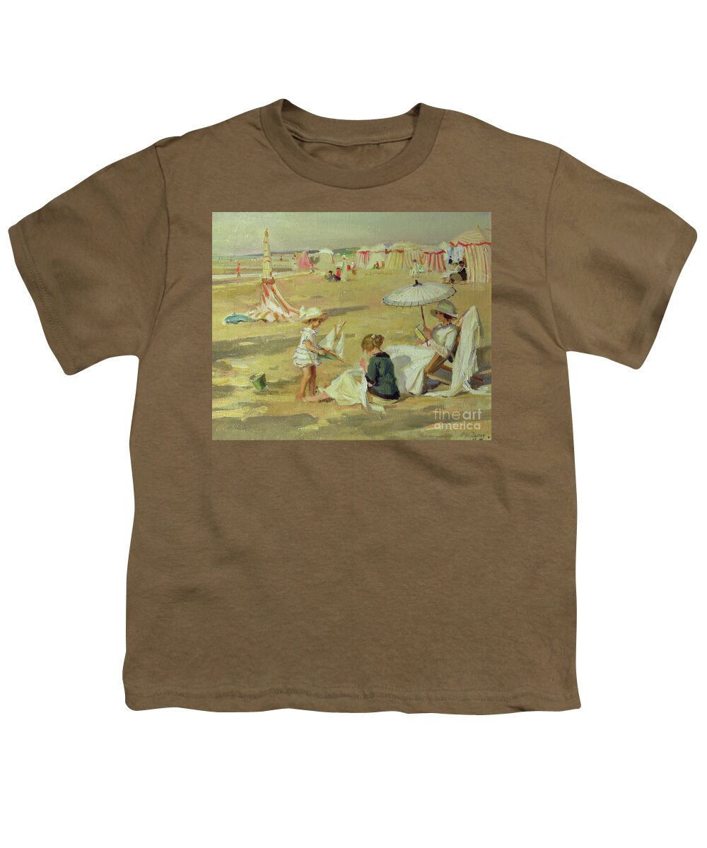 Parasol Youth T-Shirt featuring the painting Mother With Her Children On The Beach by Paul Michel Dupuy