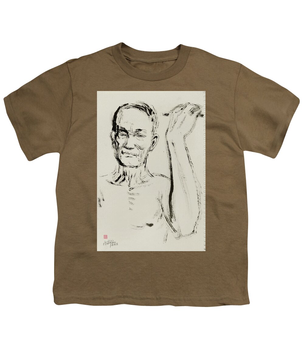 Old Youth T-Shirt featuring the painting Old man with wall-ArtToPan drawing- character freehand brush sketch by Artto Pan