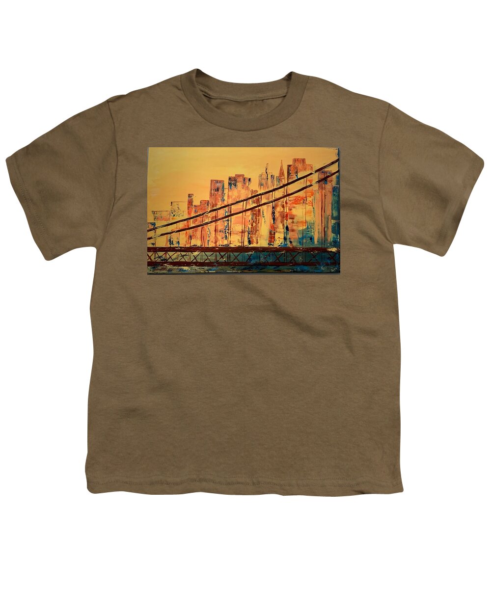 Sunset On Golden Gate Bridge Youth T-Shirt featuring the painting San Francisco-Bay Bridge by Raji Musinipally