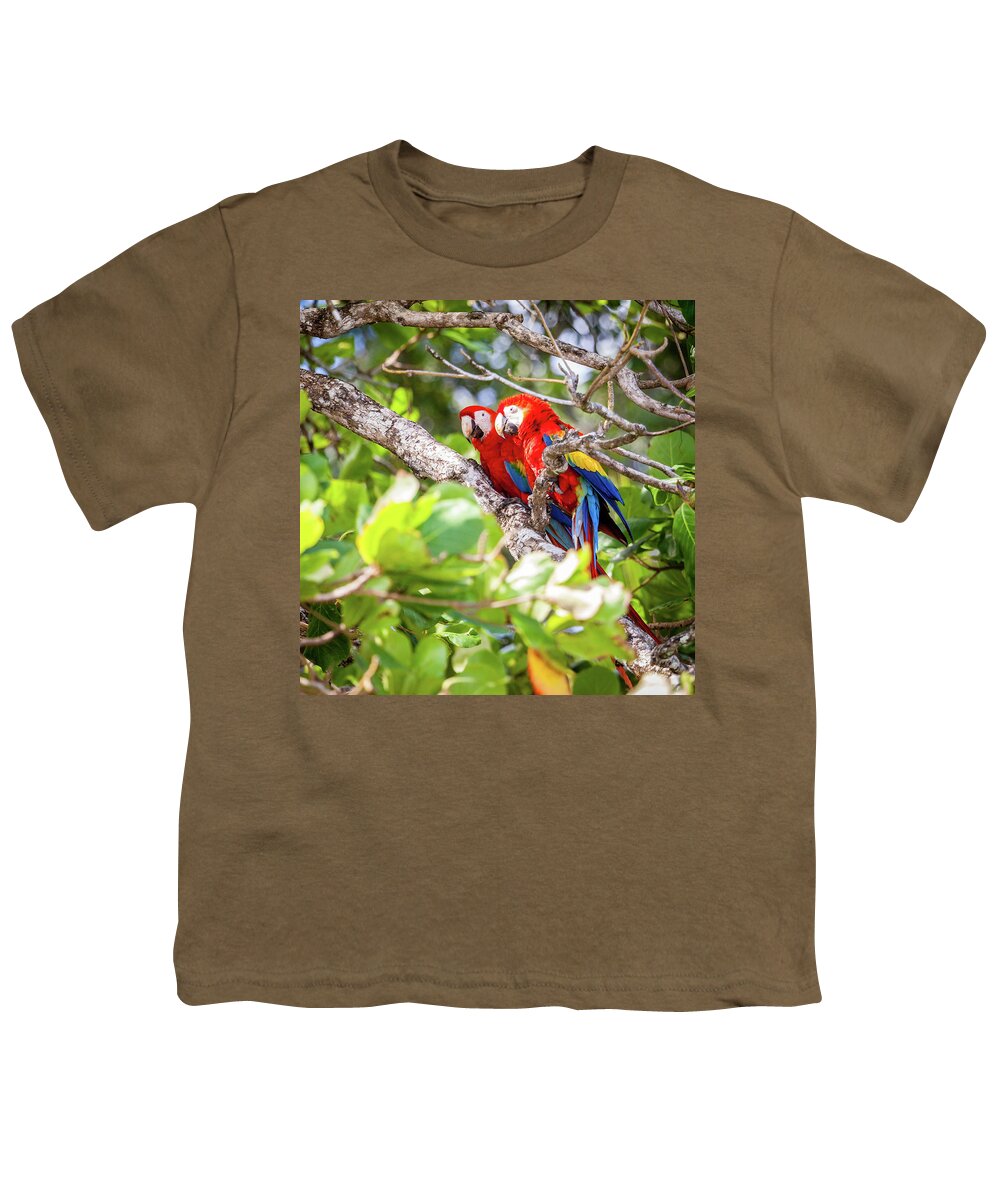 America Youth T-Shirt featuring the photograph Scarlet macaws in Costa Rican forest by Alexey Stiop