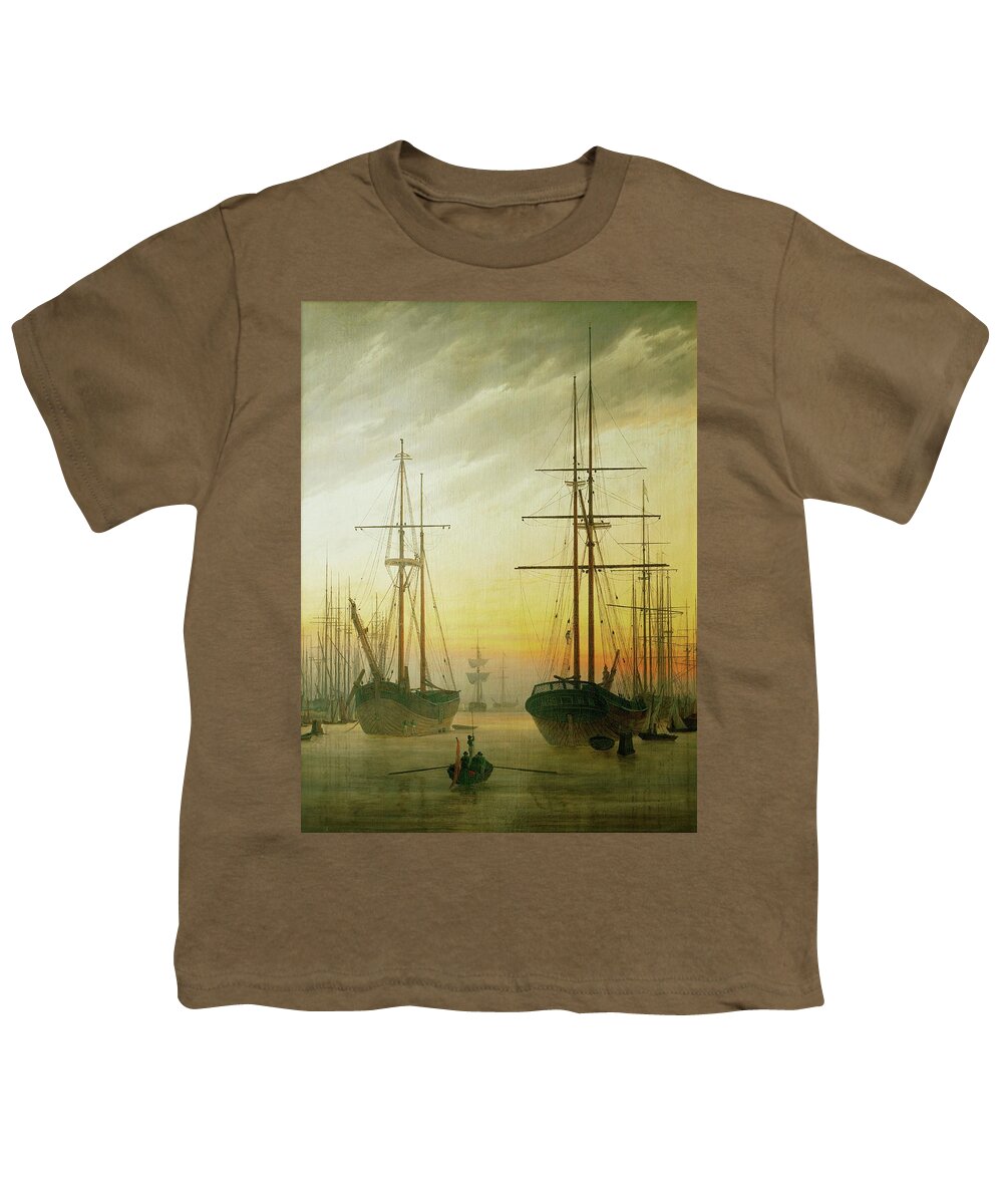 Caspar David Friedrich Youth T-Shirt featuring the painting Ships in the harbour. Oil on canvas. by Caspar David Friedrich -1774-1840-