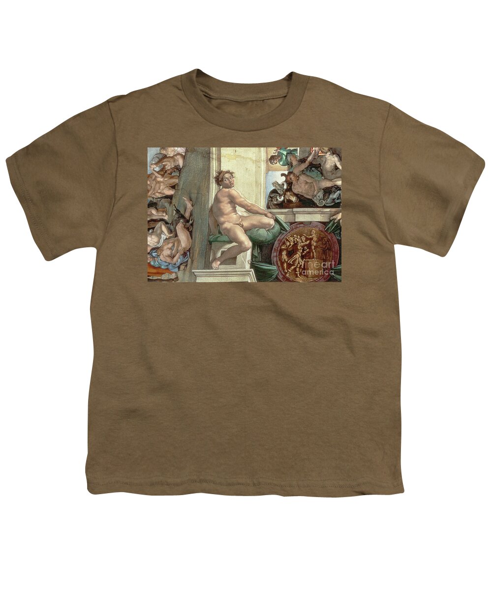 Sistine Youth T-Shirt featuring the painting Sistine Chapel Ceiling, Detail Of One Of The Ignudi by Michelangelo Buonarroti