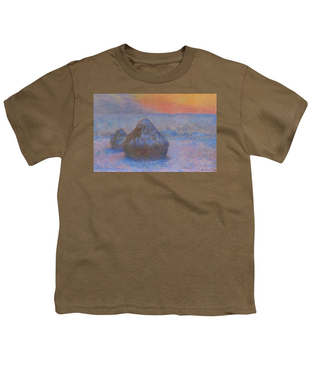 19th Century Art Youth T-Shirt featuring the painting Stacks of Wheat - Sunset, Snow Effect, 1891 by Claude Monet