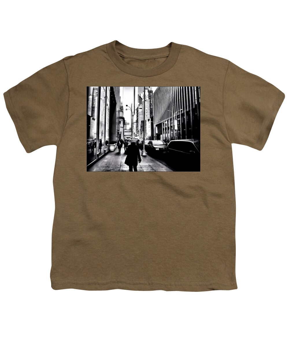 Black & White Youth T-Shirt featuring the photograph Strolling a New York City Sidewalk by Debra Kewley