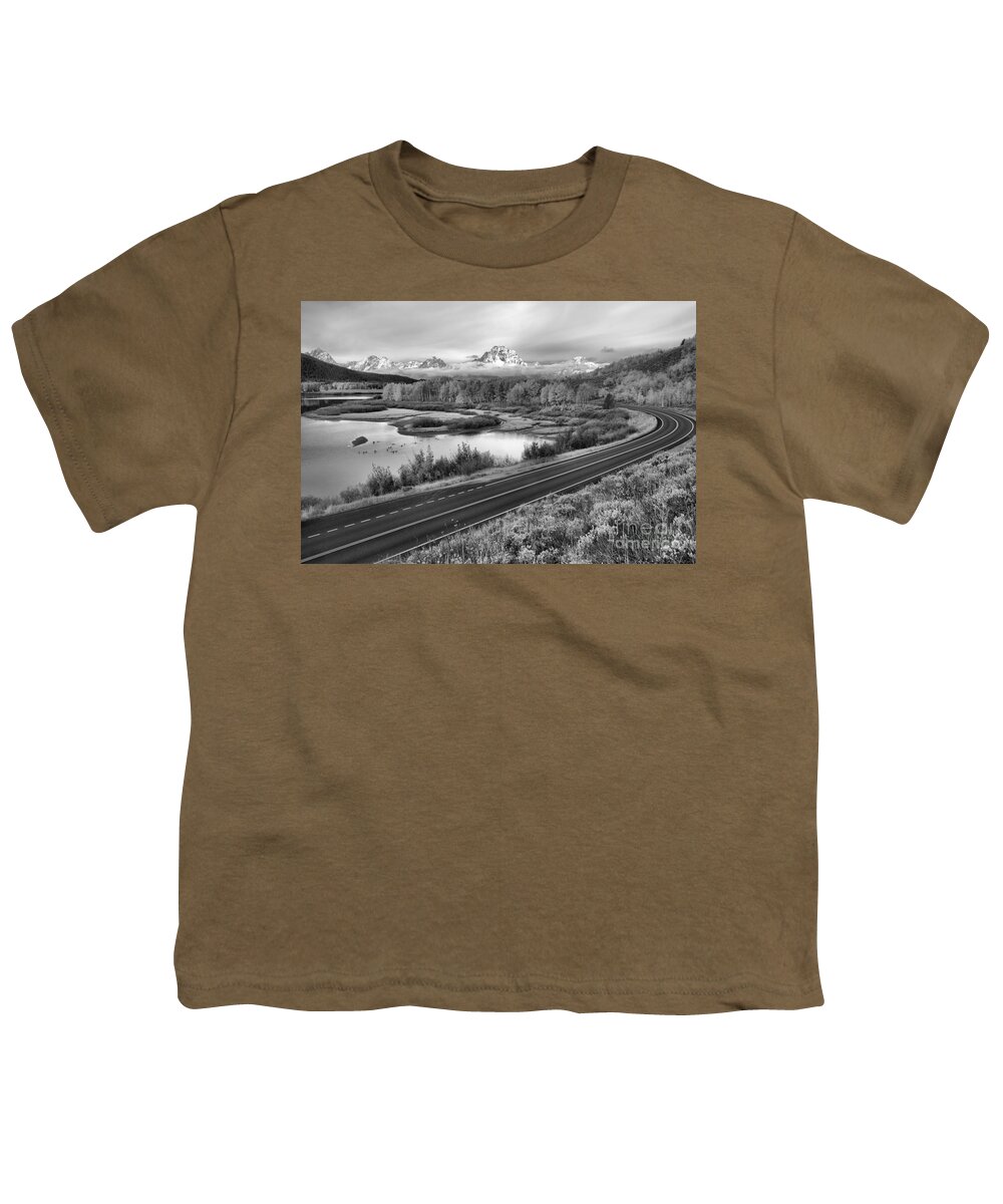 Grand Teton National Park Youth T-Shirt featuring the photograph Teton Scenic Fall Drive Black And White by Adam Jewell