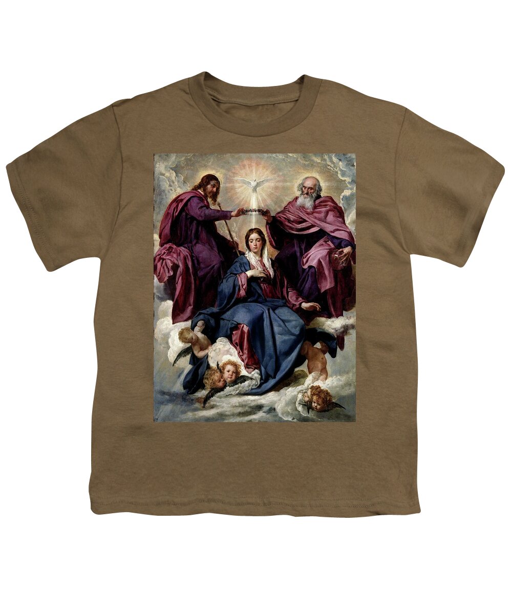 Diego Velazquez Youth T-Shirt featuring the painting 'The Coronation of the Virgin', ca. 1635, Spanish School, ... by Diego Velazquez -1599-1660-
