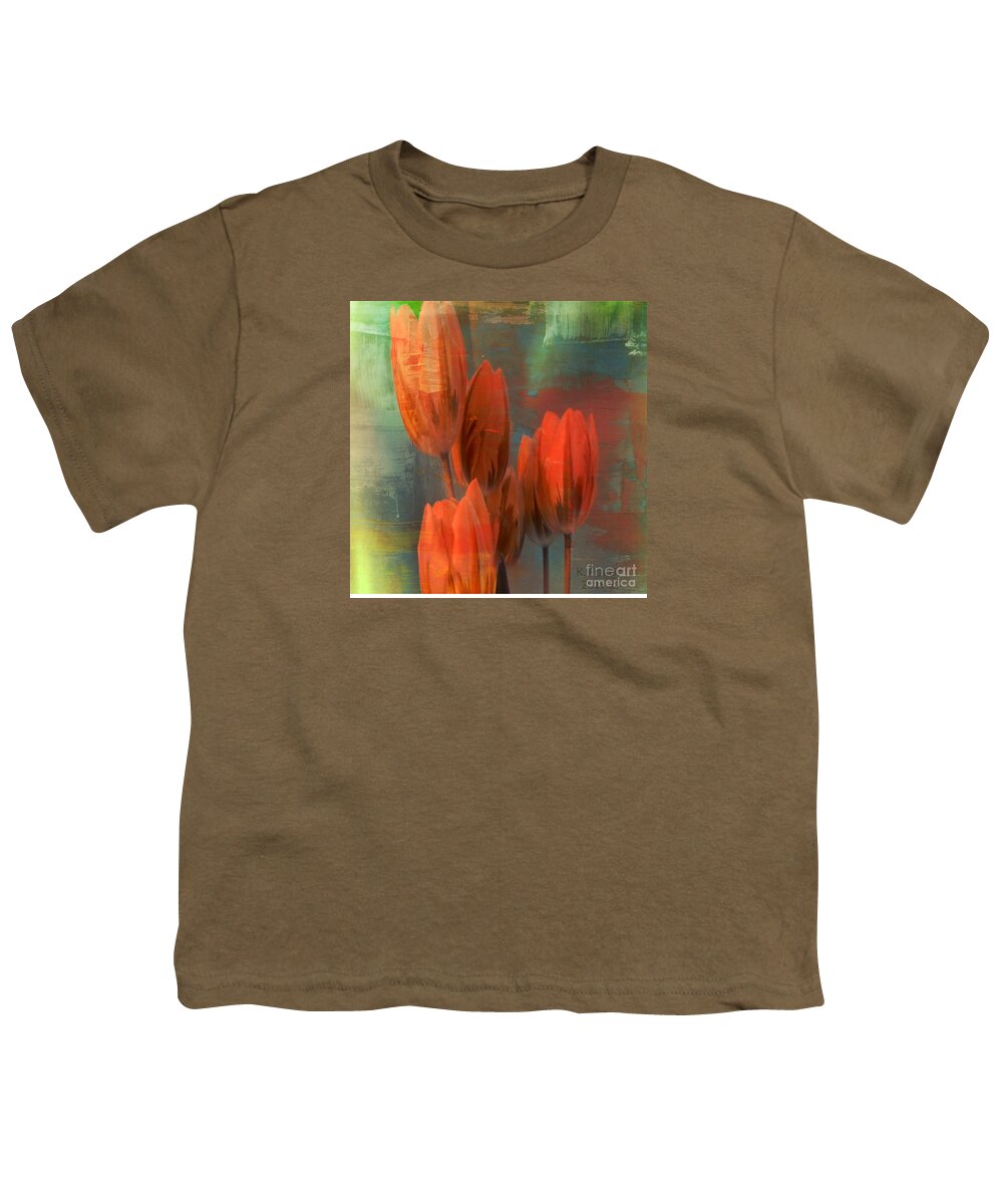 Wall Art Youth T-Shirt featuring the digital art Tulips with Green Background by Karen Francis