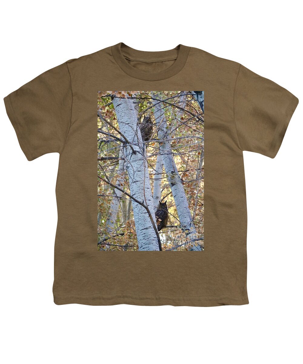 Owl Youth T-Shirt featuring the photograph Two Owls on Autumn Branches by Carol Groenen