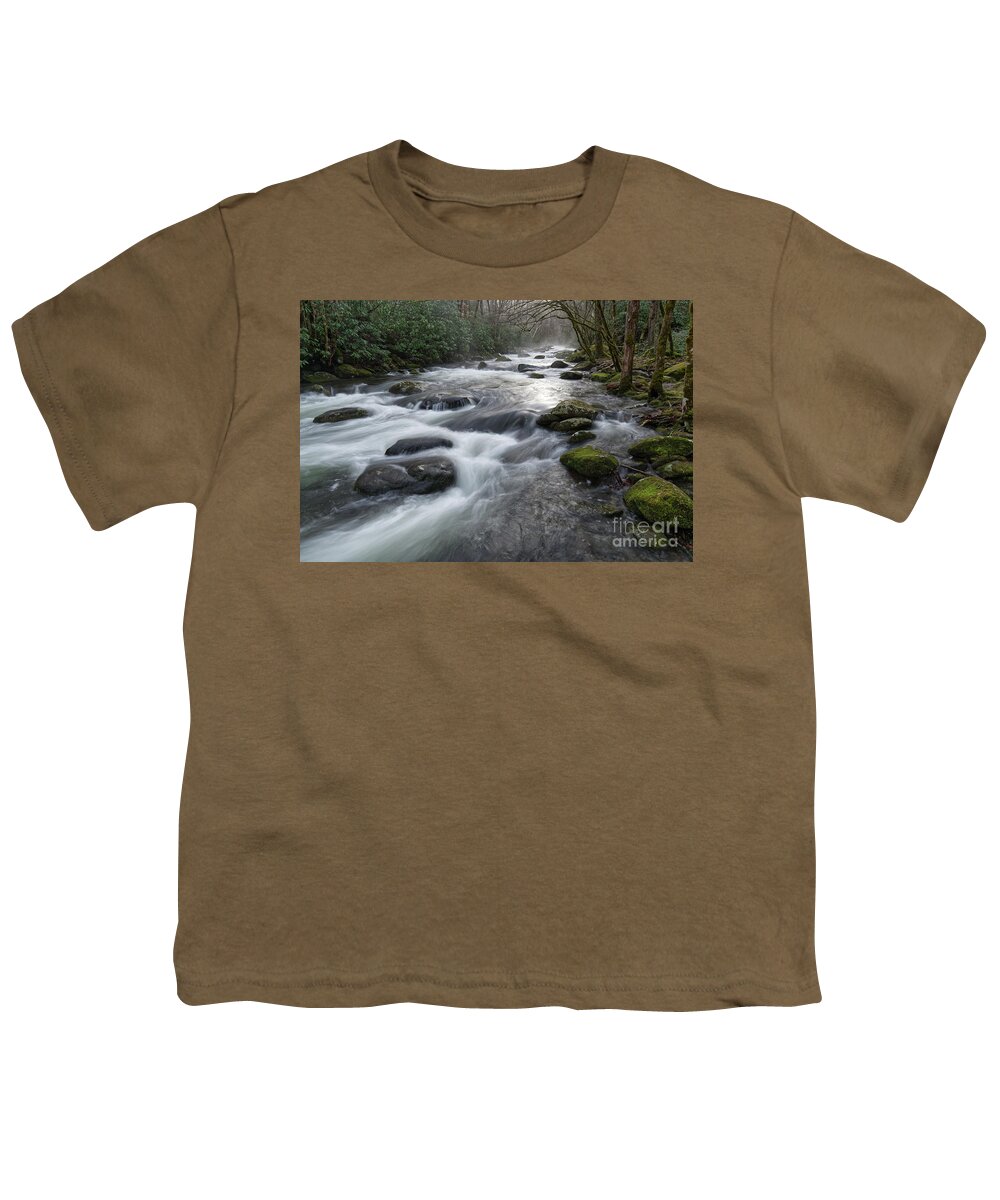 Middle Prong Little River Youth T-Shirt featuring the photograph Fog on the Water #1 by Phil Perkins