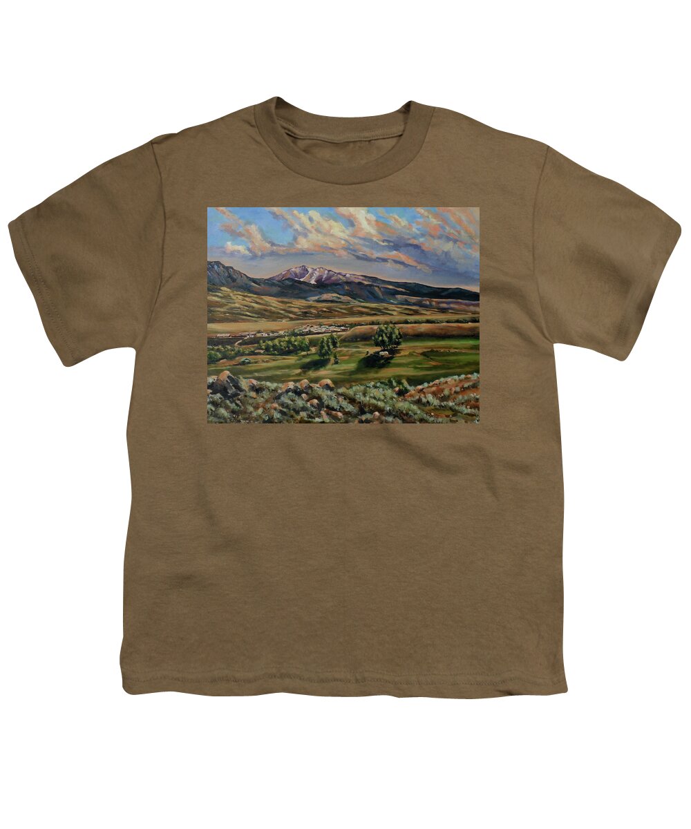 Western Landscape Youth T-Shirt featuring the painting Gardiner and Electric Peak From Scotty's Place by Les Herman