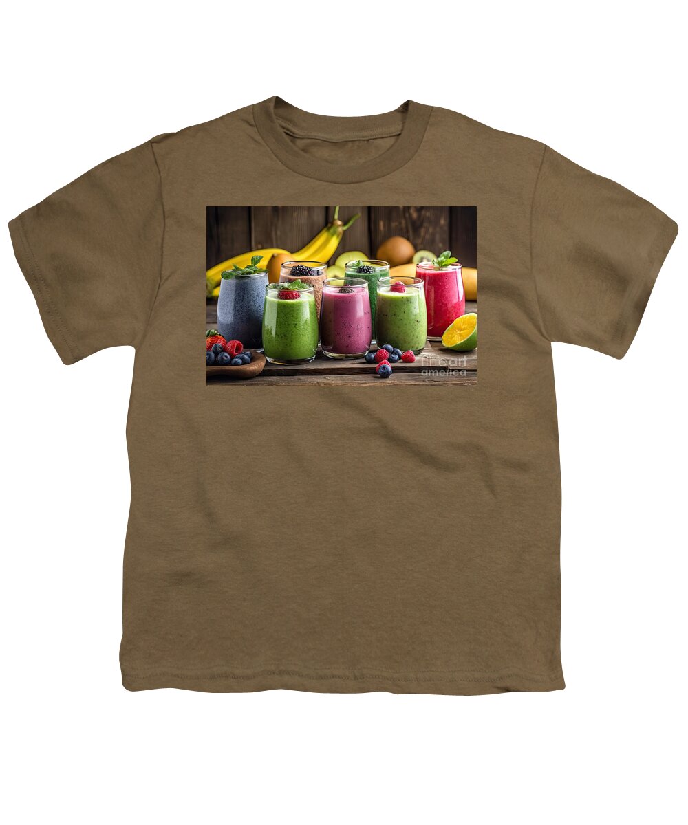 Smoothie Youth T-Shirt featuring the painting premium Selection of colourful smoothies on rustic wood background #1 by N Akkash