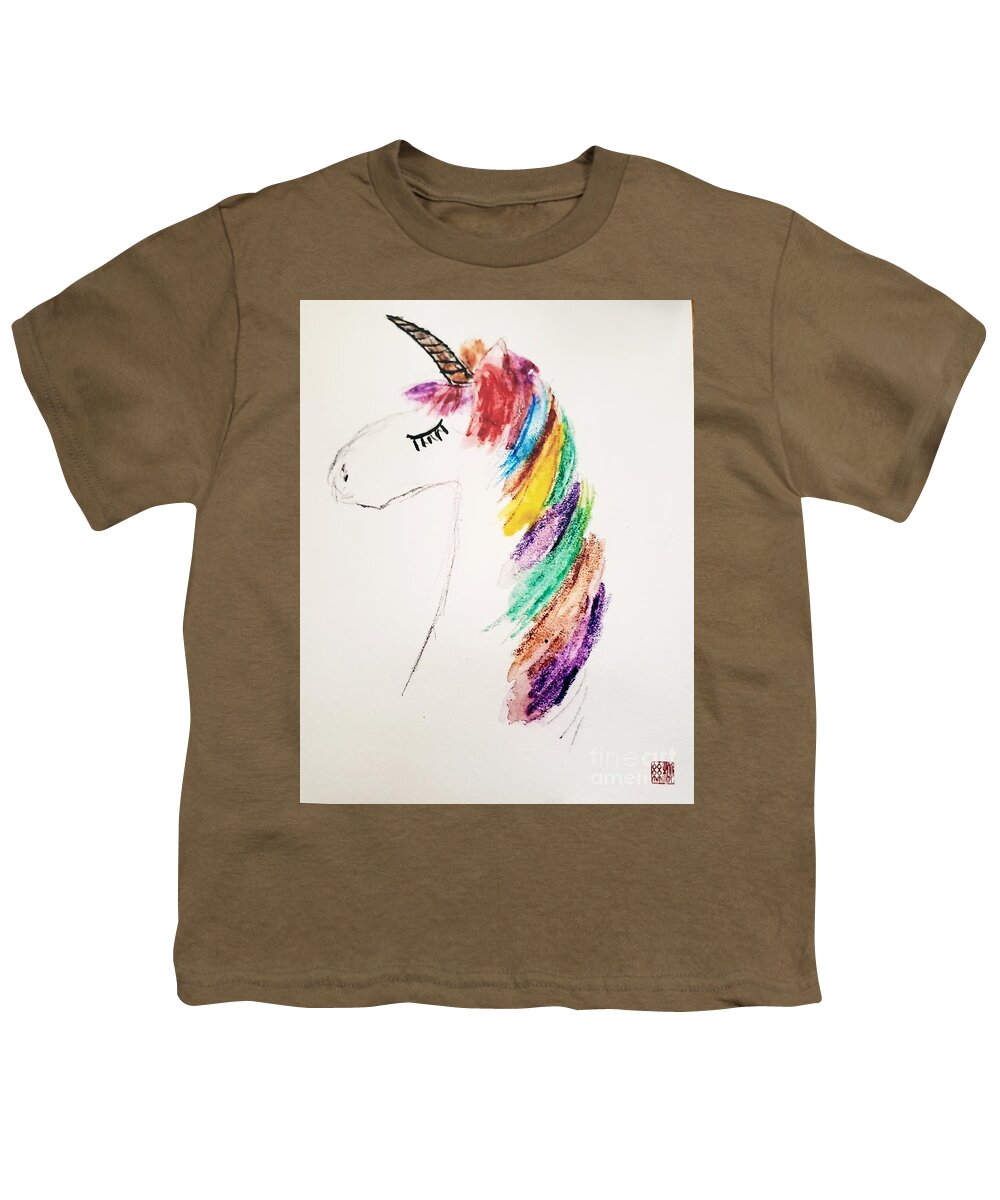  Youth T-Shirt featuring the painting Rainbow Unicorn #1 by Margaret Welsh Willowsilk