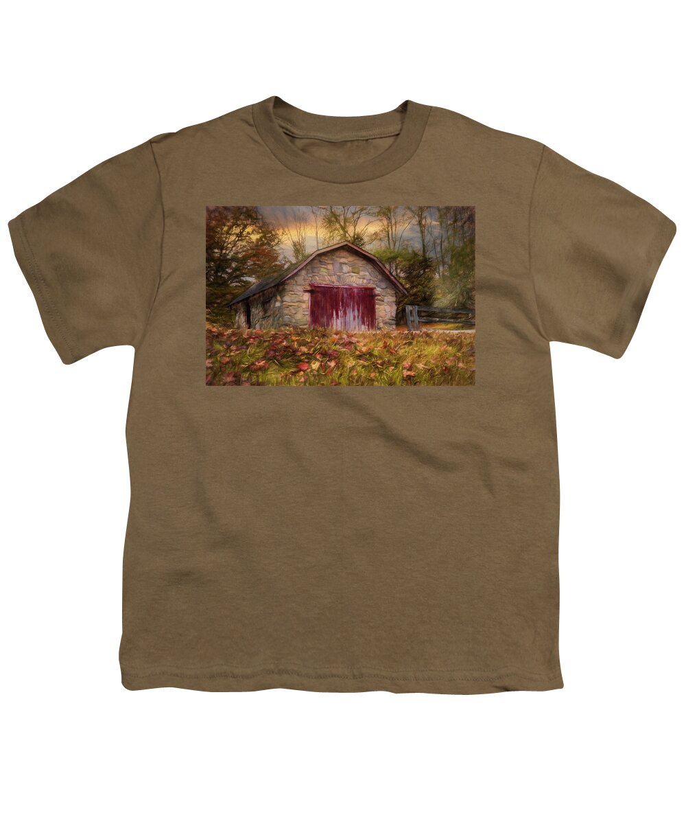 Barns Youth T-Shirt featuring the photograph Red Door Barn Farm Creeper Trail in Autumn Fall Colors Damascus #1 by Debra and Dave Vanderlaan