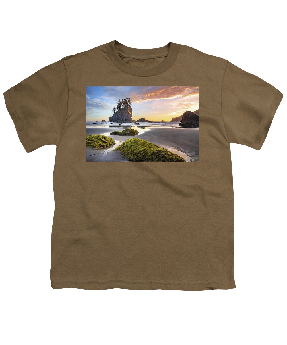 Landscape Youth T-Shirt featuring the photograph Sunset reflections on the beach at Olympic National Park by Robert Miller