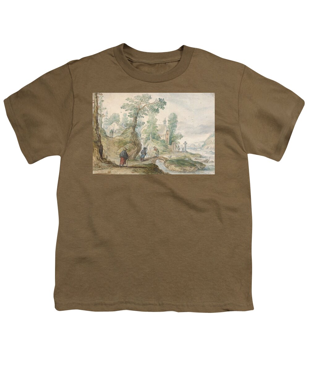 Hendrick Avercamp Youth T-Shirt featuring the drawing A Wooded River Landscape with a Church and Figures #3 by Hendrick Avercamp