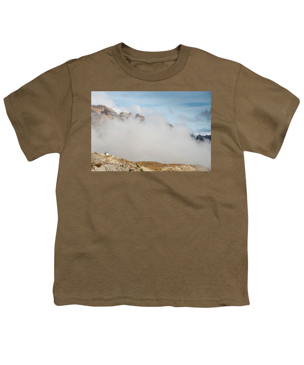 Tre Cime Youth T-Shirt featuring the photograph Mountain landscape with fog in autumn. Tre Cime dolomiti Italy. #2 by Michalakis Ppalis