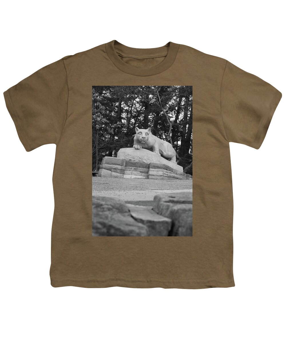State College Pennsylvania Youth T-Shirt featuring the photograph Nittany Lion Shrine at Penn State University in black and white #3 by Eldon McGraw