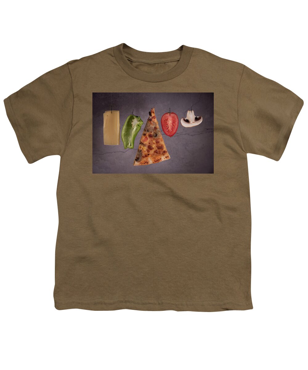 Pizza Youth T-Shirt featuring the photograph Slice of mozzarella pizza tomato cheese peeper and mushroom ingredients by Michalakis Ppalis