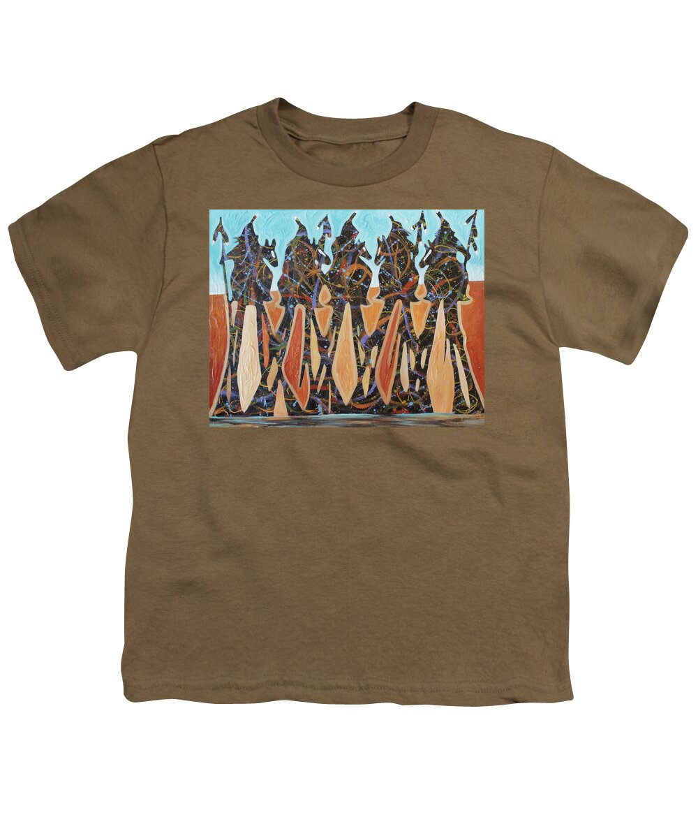 Native Riders Youth T-Shirt featuring the painting 5 Native Riders by Lance Headlee