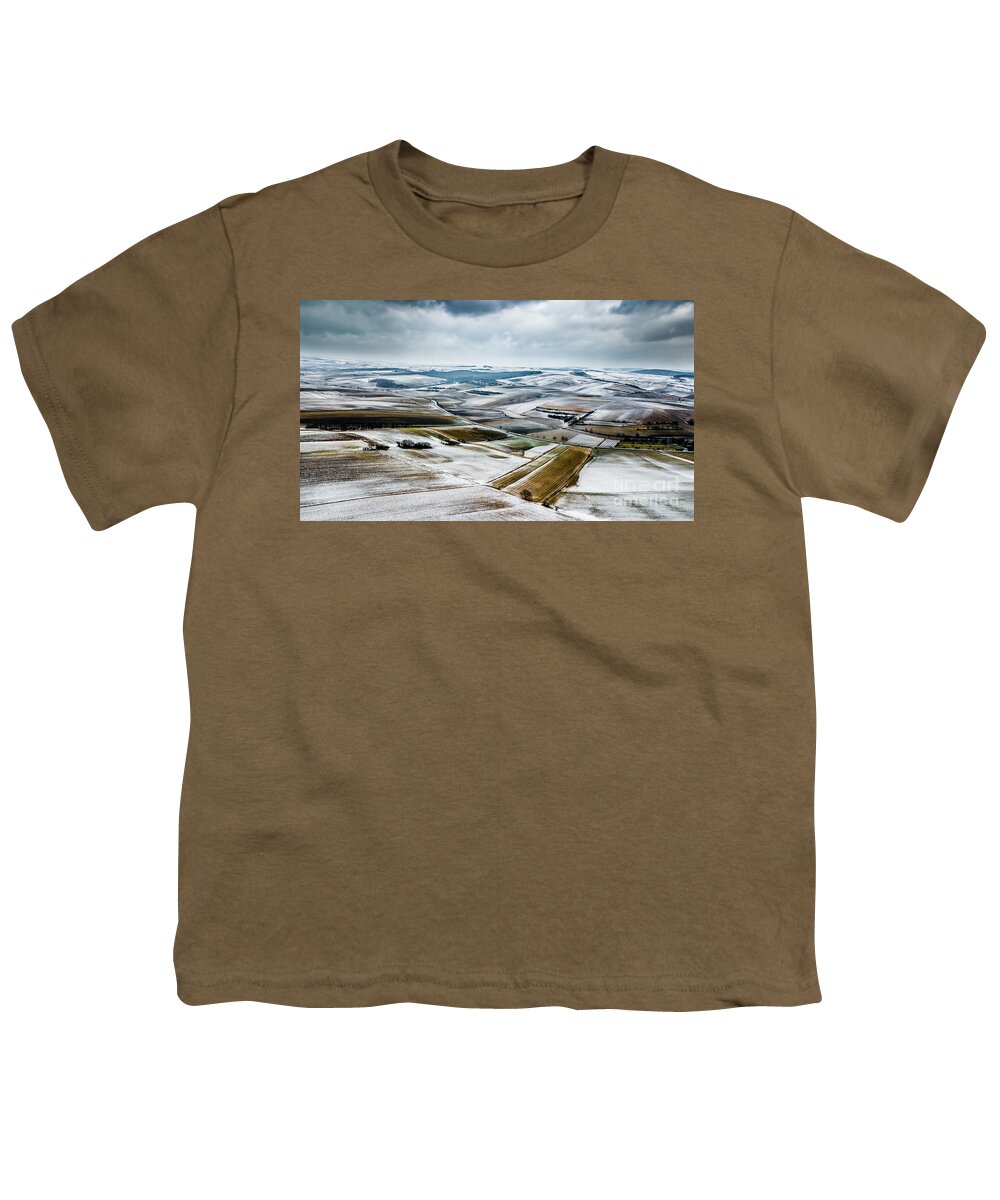 Above Youth T-Shirt featuring the photograph Aerial View Of Winter Landscape With Remote Settlements And Snow Covered Fields In Austria by Andreas Berthold