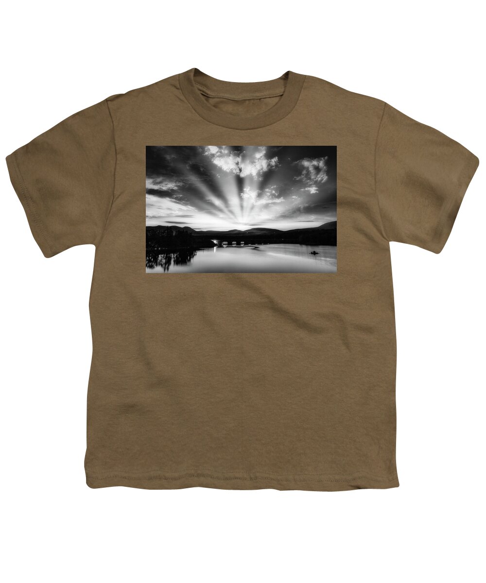 Ashokan Reservoir Youth T-Shirt featuring the photograph Ashokan Reservoir NY Sunset BW by Susan Candelario