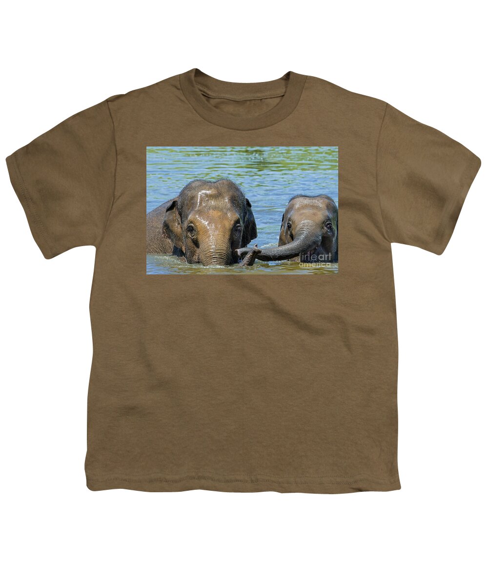 Asian Elephant Youth T-Shirt featuring the photograph Asian Elephant Mother with Calf in Lake by Arterra Picture Library