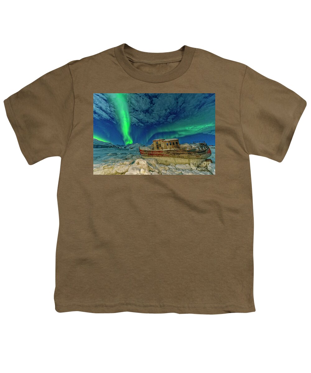 00648338 Youth T-Shirt featuring the photograph Aurora Borealis and Boat by Shane P White