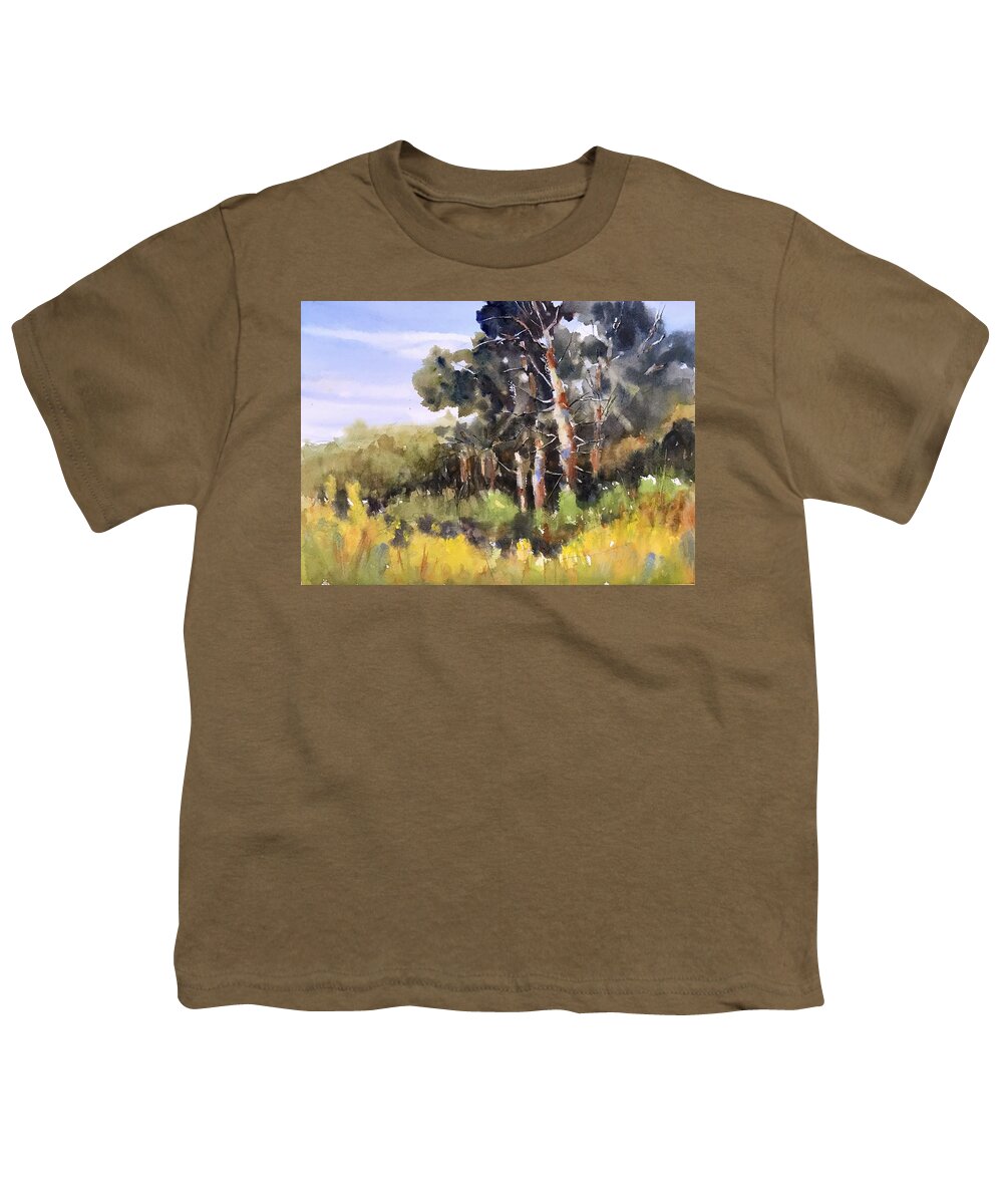 Landscape Youth T-Shirt featuring the painting Autumn Begins by Judith Levins