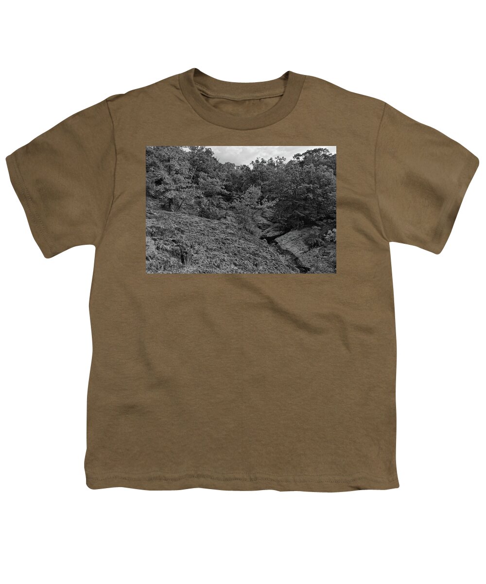 Black And White Youth T-Shirt featuring the photograph Autumn Trees at the Top of Hemlock Falls by Alan Goldberg