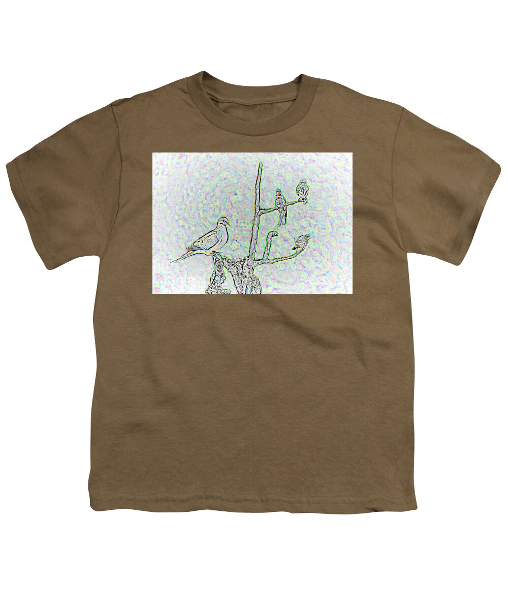 Linda Brody Youth T-Shirt featuring the digital art Balance - One Mourning Dove Equals Three House Finches Abstract by Linda Brody