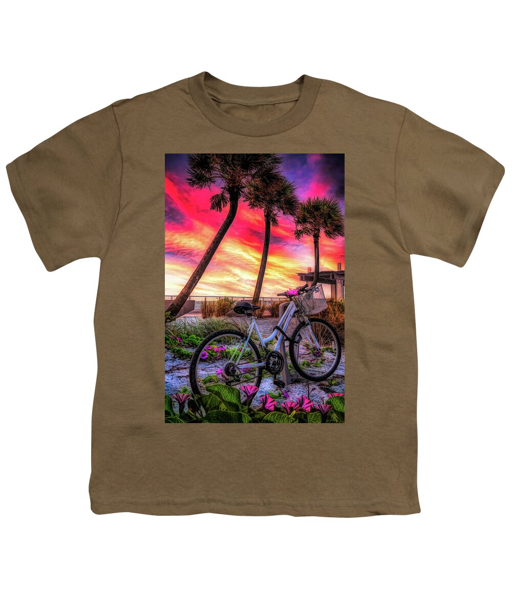 Bike Youth T-Shirt featuring the photograph Beach Bike in the Morning Glories Painting by Debra and Dave Vanderlaan