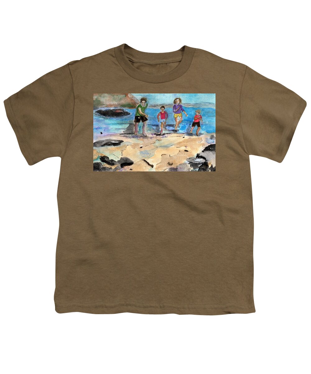 Beach Youth T-Shirt featuring the painting Family jogging on the beach. by Genevieve Holland