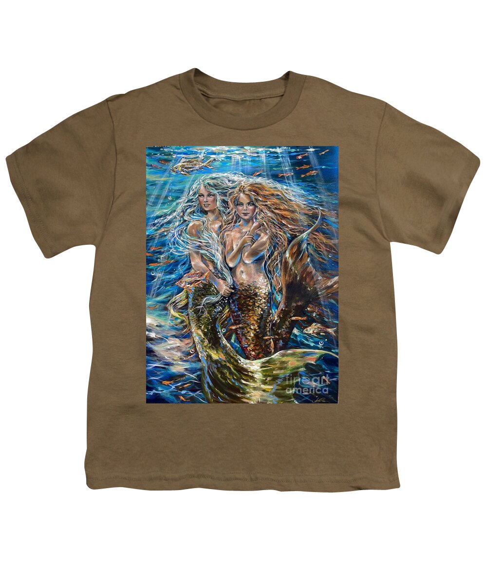 Mermaid Youth T-Shirt featuring the painting Best Friends by Linda Olsen