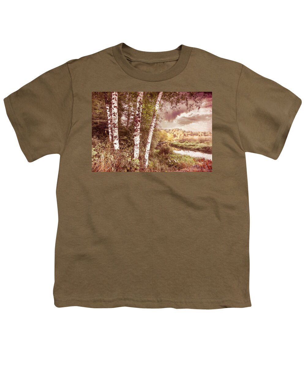 Clouds Youth T-Shirt featuring the photograph Birch Trees on the Edge of the Marsh in Vintage Tones by Debra and Dave Vanderlaan