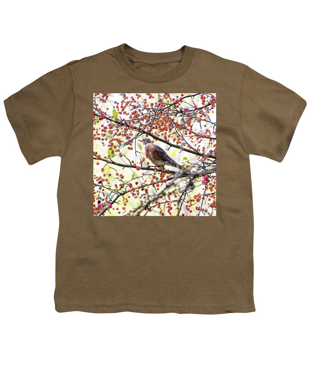 Bird Tree Red Berries Colorful Youth T-Shirt featuring the photograph Bird in a Tree by David Morehead