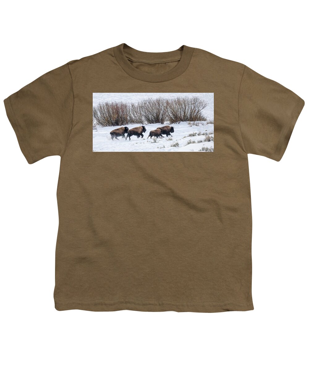 Yellowstone National Park Youth T-Shirt featuring the photograph Bison Running by Cheryl Strahl