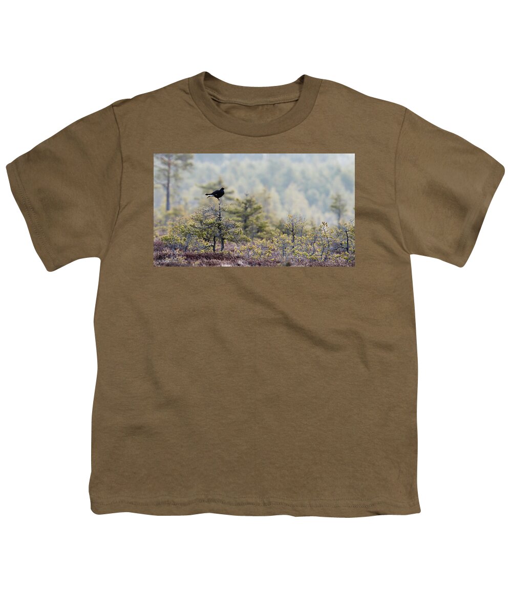 Black Grouse Youth T-Shirt featuring the photograph Black Grouse on top of a small pine by Torbjorn Swenelius