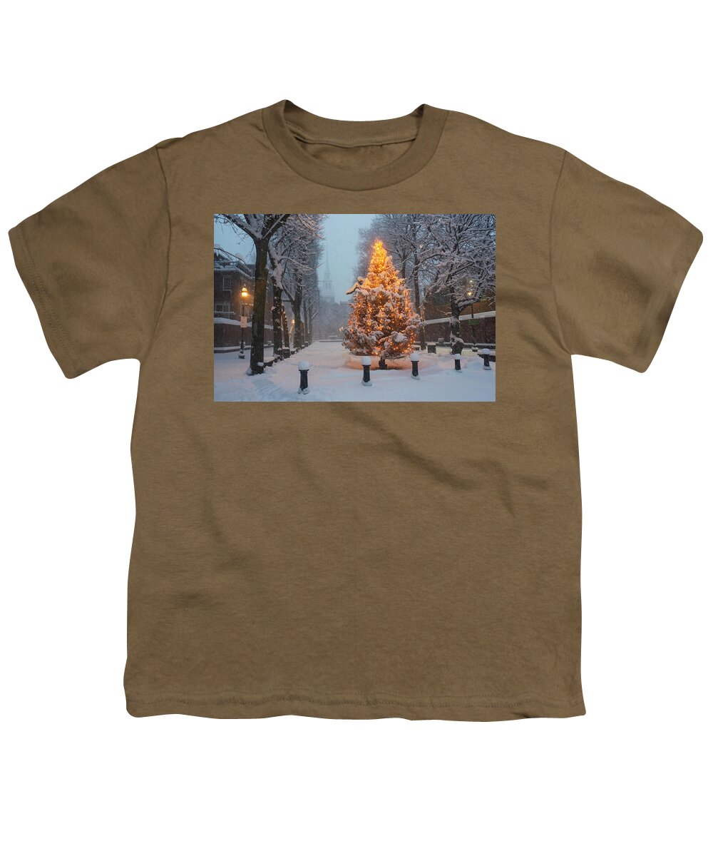 Boston Youth T-Shirt featuring the photograph Boston MA North End Christmas Tree Old North Church by Toby McGuire