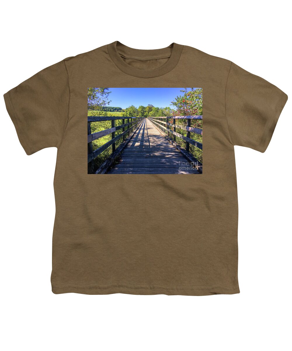 Wooden Bridge Youth T-Shirt featuring the photograph Bridge Walk at The New River Trail State Park by Kerri Farley