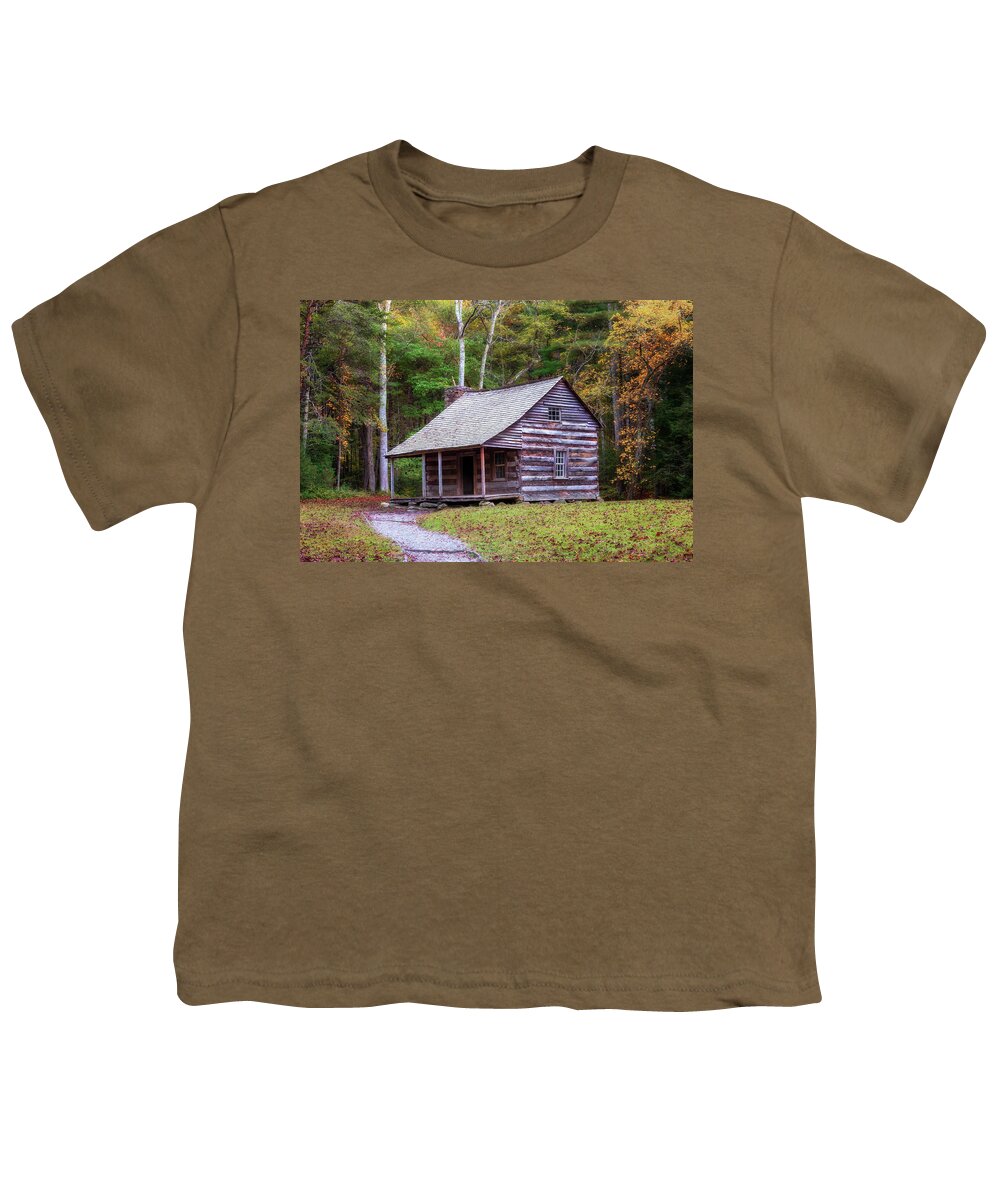 Smoky Mountains Youth T-Shirt featuring the photograph Carter Shields Cabin in Autumn - Smoky Mountains by Susan Rissi Tregoning