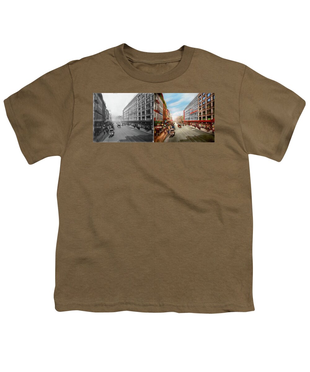 Chicago Youth T-Shirt featuring the photograph City - Chicago, IL - Chicago's Shopping destination 1895 - Side by Side by Mike Savad