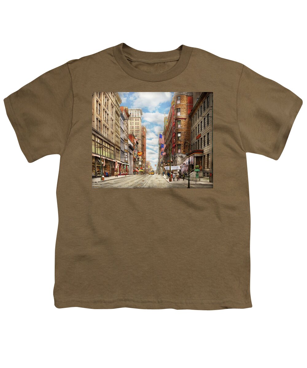 Cincinnati Youth T-Shirt featuring the photograph City - Cincinnati, OH - Fourth and Race St 1908 by Mike Savad