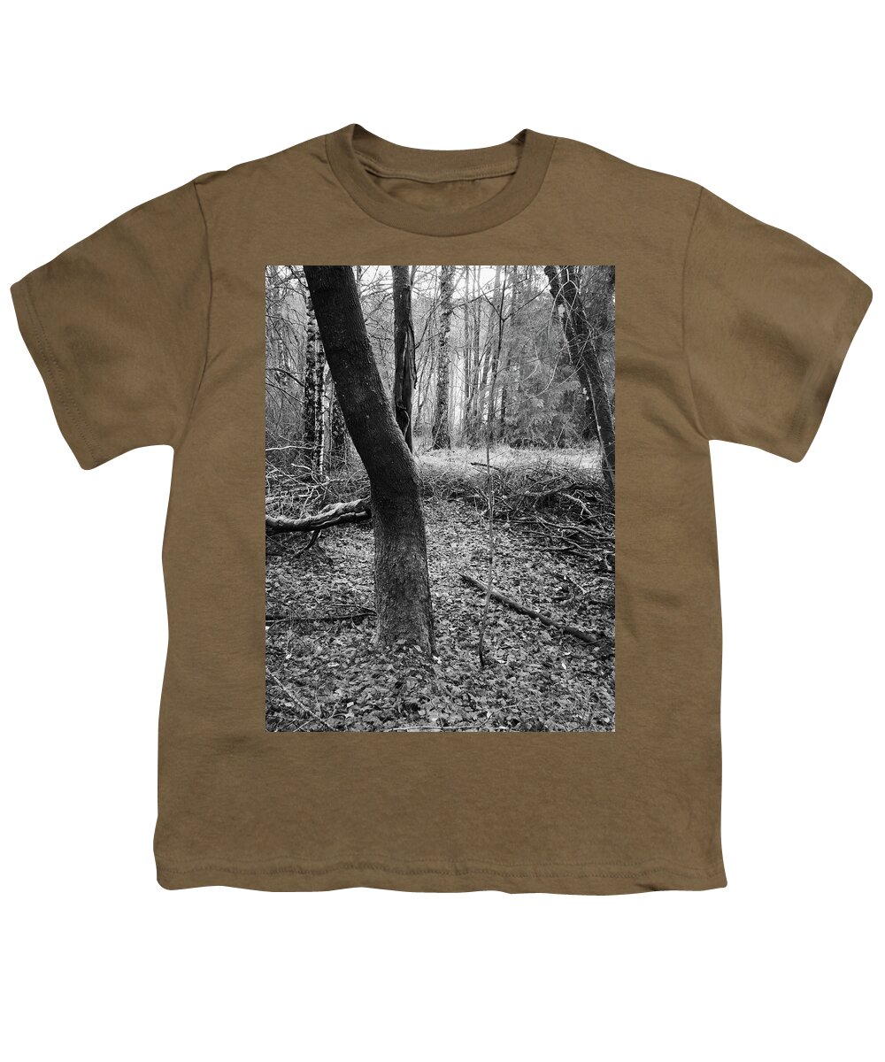 Infrapuna Youth T-Shirt featuring the photograph Dark Bark and feelings of the fall bw by Jouko Lehto